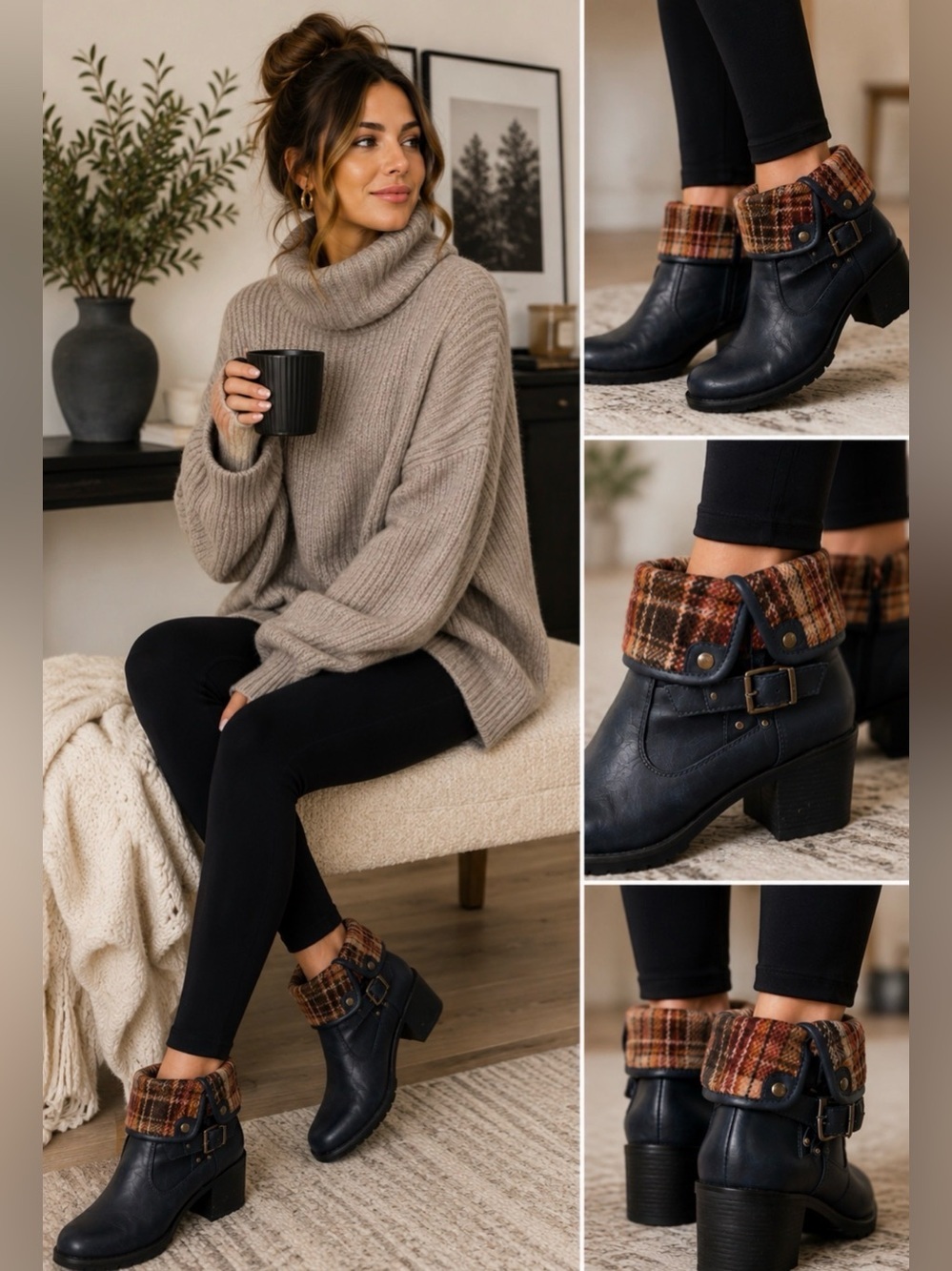 Stylish Navy and Brown Plaid Cuff Heeled Boots